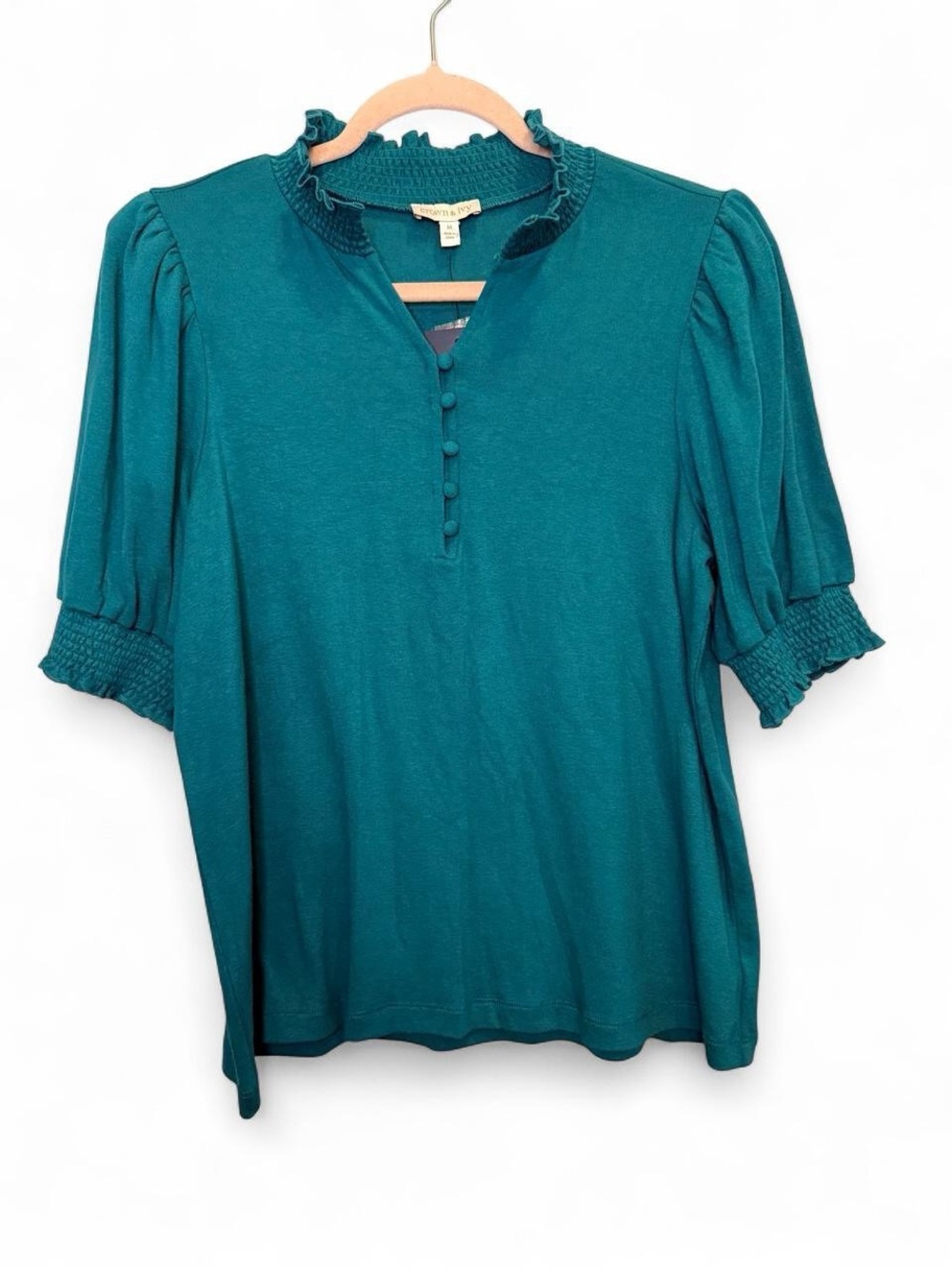 NWT Crown & Ivy Teal Ruffle Puff Sleeve Button Henley Blouse Knit Top Medium